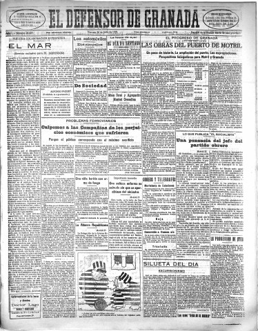 'El Defensor de Granada  : diario político independiente' - Año L Número 26427 Ed. Mañana - 1929 Julio 26