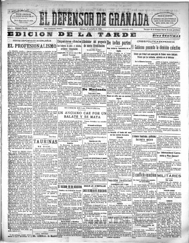 'El Defensor de Granada  : diario político independiente' - Año L Número 26430 Ed. Tarde - 1929 Julio 27