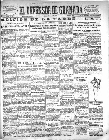 'El Defensor de Granada  : diario político independiente' - Año L Número 26434 Ed. Tarde - 1929 Julio 30
