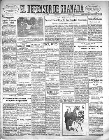 'El Defensor de Granada  : diario político independiente' - Año L Número 26443 Ed. Mañana - 1929 Agosto 04
