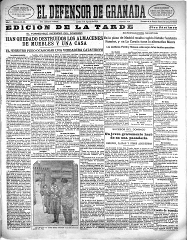 'El Defensor de Granada  : diario político independiente' - Año L Número 26444 Ed. Tarde - 1929 Agosto 05