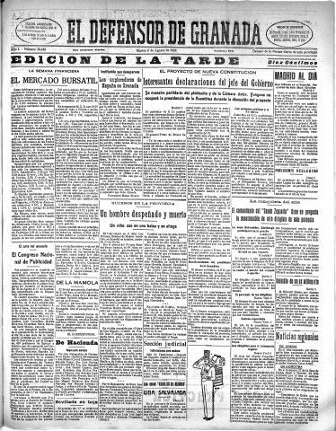 'El Defensor de Granada  : diario político independiente' - Año L Número 26446 Ed. Tarde - 1929 Agosto 06