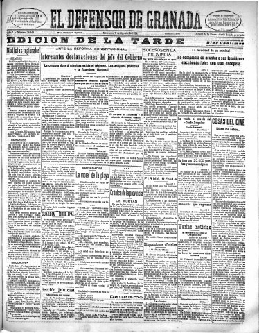 'El Defensor de Granada  : diario político independiente' - Año L Número 26448 Ed. Tarde - 1929 Agosto 07