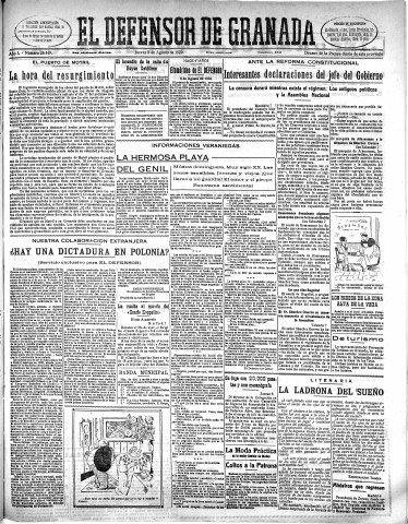 'El Defensor de Granada  : diario político independiente' - Año L Número 26449 Ed. Mañana - 1929 Agosto 08