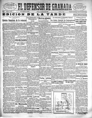 'El Defensor de Granada  : diario político independiente' - Año L Número 26458 Ed. Tarde - 1929 Agosto 13