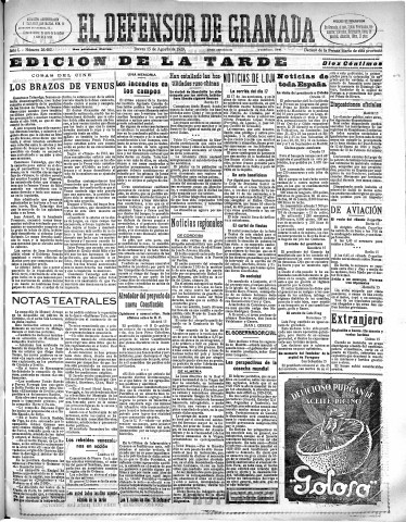 'El Defensor de Granada  : diario político independiente' - Año L Número 26462 Ed. Tarde - 1929 Agosto 15