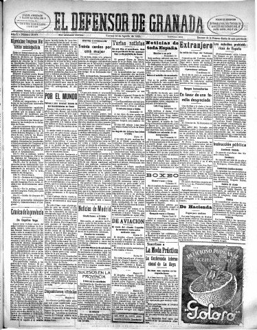 'El Defensor de Granada  : diario político independiente' - Año L Número 26464 Ed. Tarde - 1929 Agosto 16