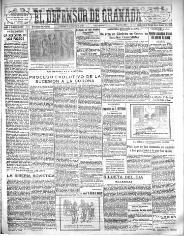 'El Defensor de Granada  : diario político independiente' - Año L Número 26467 Ed. Mañana - 1929 Agosto 18