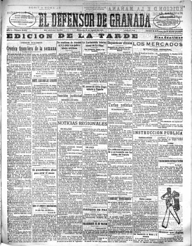 'El Defensor de Granada  : diario político independiente' - Año L Número 26484 Ed. Tarde - 1929 Agosto 28