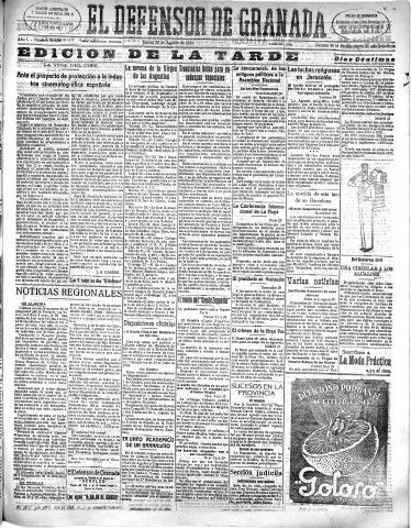 'El Defensor de Granada  : diario político independiente' - Año L Número 26486 Ed. Tarde - 1929 Agosto 29