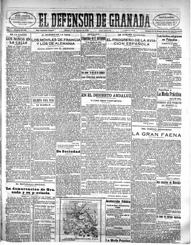 'El Defensor de Granada  : diario político independiente' - Año L Número 26488 Ed. Mañana - 1929 Agosto 31