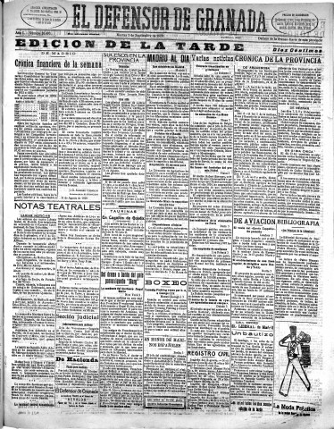 'El Defensor de Granada  : diario político independiente' - Año L Número 26493 Ed. Tarde - 1929 Septiembre 03