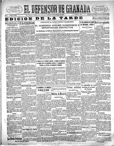 'El Defensor de Granada  : diario político independiente' - Año L Número 26499 Ed. Tarde - 1929 Septiembre 06