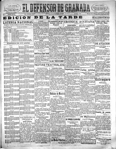 'El Defensor de Granada  : diario político independiente' - Año L Número 26507 Ed. Tarde - 1929 Septiembre 11