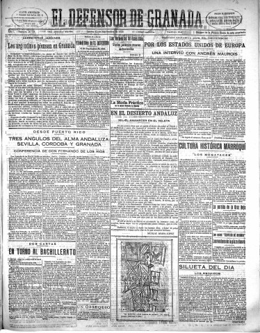 'El Defensor de Granada  : diario político independiente' - Año L Número 26508 Ed. Mañana - 1929 Septiembre 12