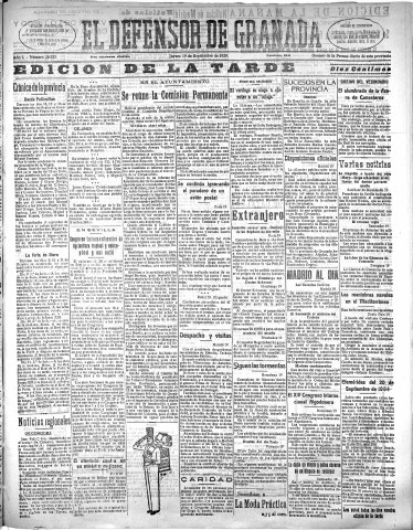 'El Defensor de Granada  : diario político independiente' - Año L Número 26521 Ed. Tarde - 1929 Septiembre 19
