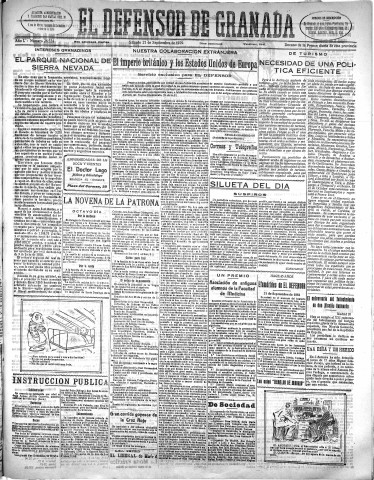 'El Defensor de Granada  : diario político independiente' - Año L Número 26524 Ed. Mañana - 1929 Septiembre 21