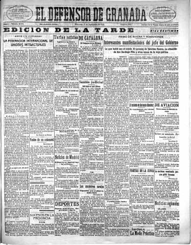 'El Defensor de Granada  : diario político independiente' - Año L Número 26531 Ed. Tarde - 1929 Septiembre 25