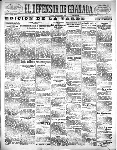'El Defensor de Granada  : diario político independiente' - Año L Número 26535 Ed. Tarde - 1929 Septiembre 27