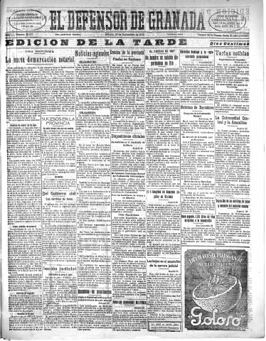 'El Defensor de Granada  : diario político independiente' - Año L Número 26537 Ed. Tarde - 1929 Septiembre 28