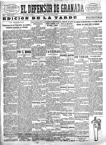 'El Defensor de Granada  : diario político independiente' - Año L Número 26557 Ed. Tarde - 1929 Octubre 10