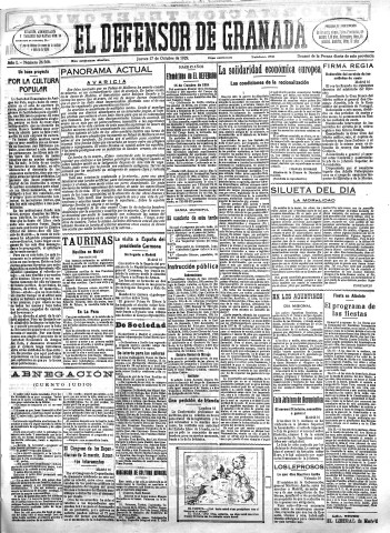 'El Defensor de Granada  : diario político independiente' - Año L Número 26568 Ed. Mañana - 1929 Octubre 17