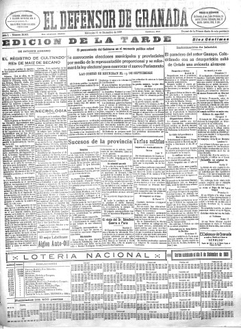 'El Defensor de Granada  : diario político independiente' - Año L Número 26663 Ed. Tarde - 1929 Diciembre 11