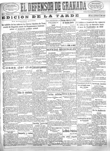 'El Defensor de Granada  : diario político independiente' - Año L Número 26667 Ed. Tarde - 1929 Diciembre 13