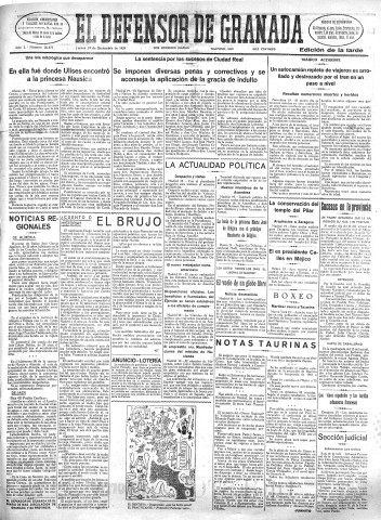 'El Defensor de Granada  : diario político independiente' - Año L Número 26677 Ed. Tarde - 1929 Diciembre 19