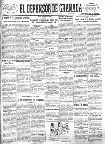 'El Defensor de Granada  : diario político independiente' - Año L Número 26693 Ed. Tarde - 1929 Diciembre 30