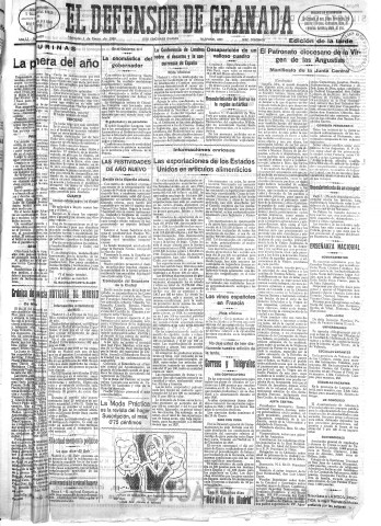 'El Defensor de Granada  : diario político independiente' - Año LI Número 26697 Ed. Tarde - 1930 Enero 01