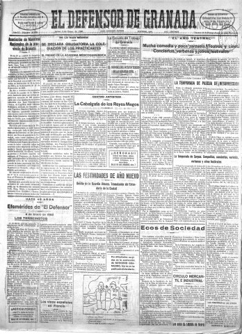 'El Defensor de Granada  : diario político independiente' - Año LI Número 26698 Ed. Mañana - 1930 Enero 02