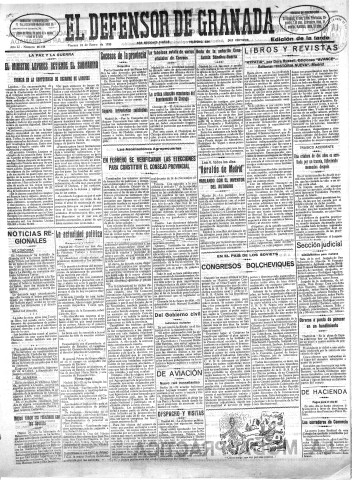 'El Defensor de Granada  : diario político independiente' - Año LI Número 26738 Ed. Tarde - 1930 Enero 24