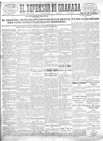 'El Defensor de Granada  : diario político independiente' - Año LI Número 26746 Ed. Tarde - 1930 Enero 29