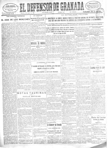 'El Defensor de Granada  : diario político independiente' - Año LI Número 26750 Ed. Tarde - 1930 Enero 31