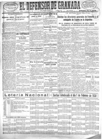 'El Defensor de Granada  : diario político independiente' - Año LI Número 26752 Ed. Tarde - 1930 Febrero 01