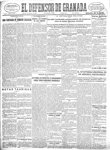 'El Defensor de Granada  : diario político independiente' - Año LI Número 26764 Ed. Tarde - 1930 Febrero 08