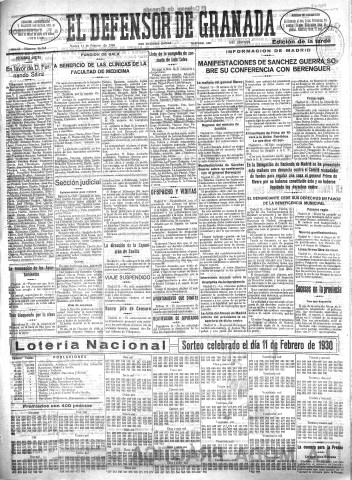 'El Defensor de Granada  : diario político independiente' - Año LI Número 26768 Ed. Tarde - 1930 Febrero 11