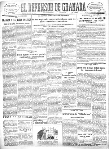 'El Defensor de Granada  : diario político independiente' - Año LI Número 26773 Ed. Mañana - 1930 Febrero 14