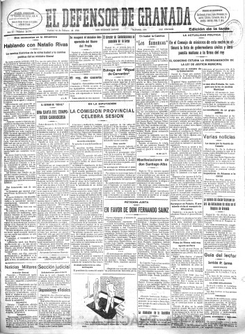 'El Defensor de Granada  : diario político independiente' - Año LI Número 26774 Ed. Tarde - 1930 Febrero 14