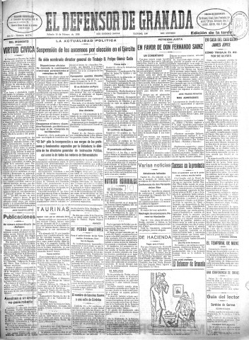 'El Defensor de Granada  : diario político independiente' - Año LI Número 26776 Ed. Tarde - 1930 Febrero 15