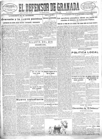 'El Defensor de Granada  : diario político independiente' - Año LI Número 26792 Ed. Mañana - 1930 Febrero 27