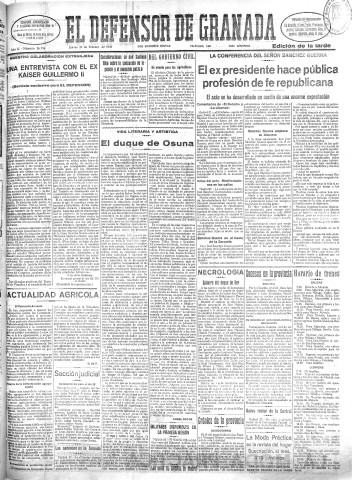 'El Defensor de Granada  : diario político independiente' - Año LI Número 26793 Ed. Tarde - 1930 Febrero 27