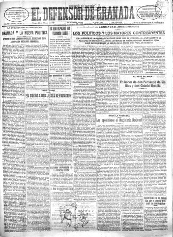 'El Defensor de Granada  : diario político independiente' - Año LI Número 26794 Ed. Mañana - 1930 Febrero 28