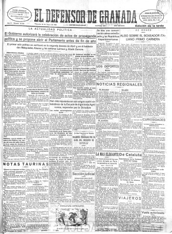 'El Defensor de Granada  : diario político independiente' - Año LI Número 26830 Ed. Tarde - 1930 Marzo 26