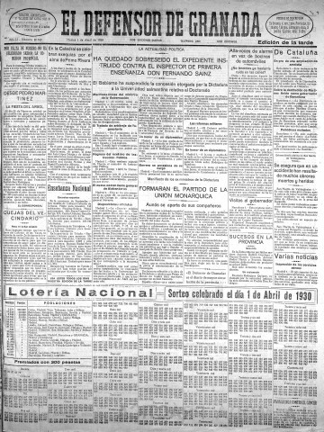 'El Defensor de Granada  : diario político independiente' - Año LI Número 26840 Ed. Tarde - 1930 Abril 01