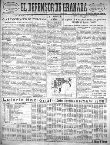 'El Defensor de Granada  : diario político independiente' - Año LI Número 26870 Ed. Tarde - 1930 Abril 21