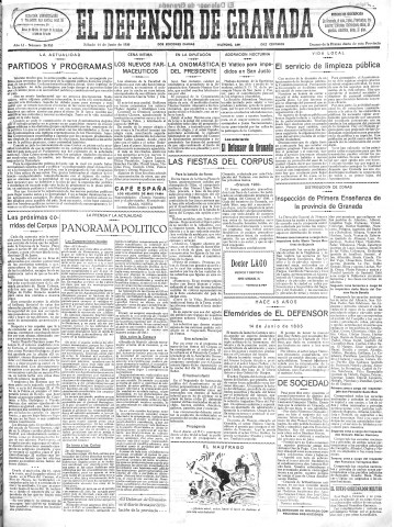 'El Defensor de Granada  : diario político independiente' - Año LI Número 26953 Ed. Mañana - 1930 Junio 14
