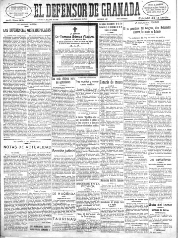 'El Defensor de Granada  : diario político independiente' - Año LI Número 26954 Ed. Tarde - 1930 Junio 14