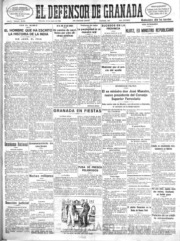 'El Defensor de Granada  : diario político independiente' - Año LI Número 26960 Ed. Tarde - 1930 Junio 18